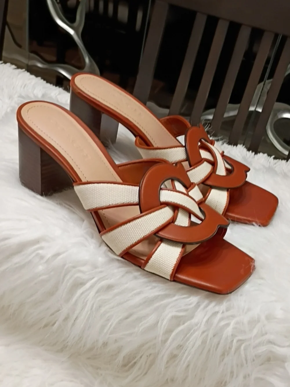 Coach Brown & Cream Braided Leather Block Heel Mule Size 8.5